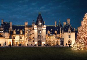 Biltmore House at night, decorated for the holidays