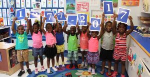 3-year-olds at Guardian Angel Childcare Center holding up signs reading 1977-2017