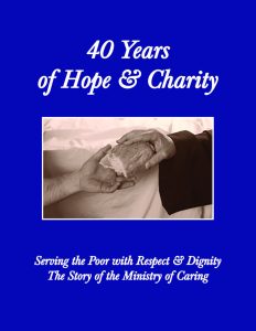 Cover of 40 Years of Hope & Charity depicting bread being passed from one person to another