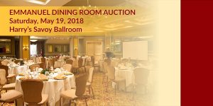 Tables set in the elegant dining room of Harry's Savoy Ballroom with title Emmanuel Dining Room Auction, Saturday, May 19, 2018, Harry's Savoy Ballroom