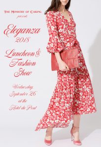 Woman in a stylish red floral dress with event information in fancy script