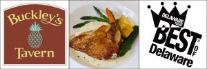 Buckley's Tavern logo, photo of chicken and vegetables on a plate, and the Delaware Today Best of Wilmington winner logo